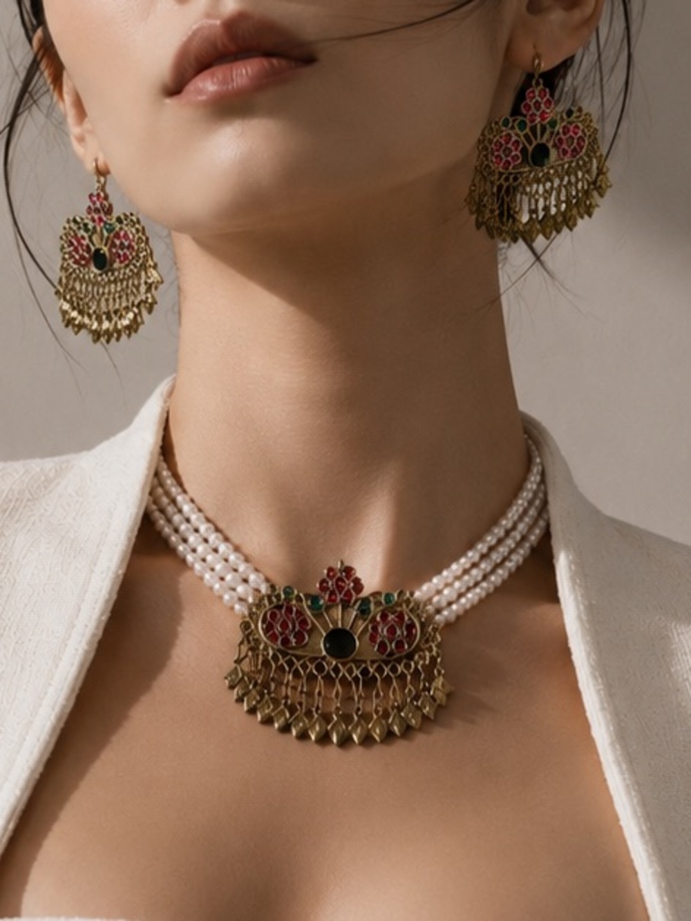 Gold and Pink Bead Statement Necklace and Earring Set - Women Jewelry